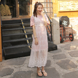 韩国夏装T恤甜美蕾丝吊带裙两件套连衣裙长裙女韩版透视裙子女