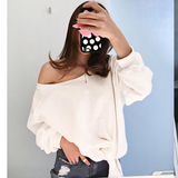 2016韩国性感大领口露肩蝙蝠袖全棉不起球个性长袖T恤系带宽松女