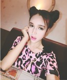 2016春夏新款泰国V领露背性感粉色豹纹印花女修身短袖包臀连衣裙