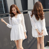 2016夏季韩版新款OL白色七分袖蝙蝠袖宽松腰蕾丝镂空连衣裙短裙女