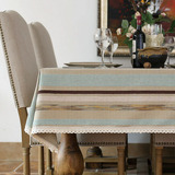 蓝色细条纹布艺绣线工艺桌布/台布/餐桌布/盖布/茶几布书桌可定做