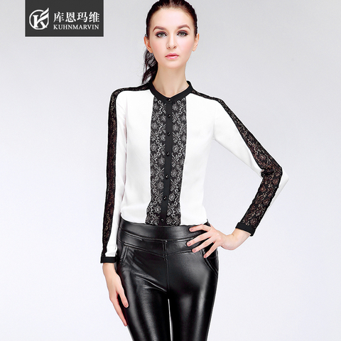 库恩玛维2014秋季新款女装黑白撞色立领蕾丝拼接长袖衬衫气质上衣