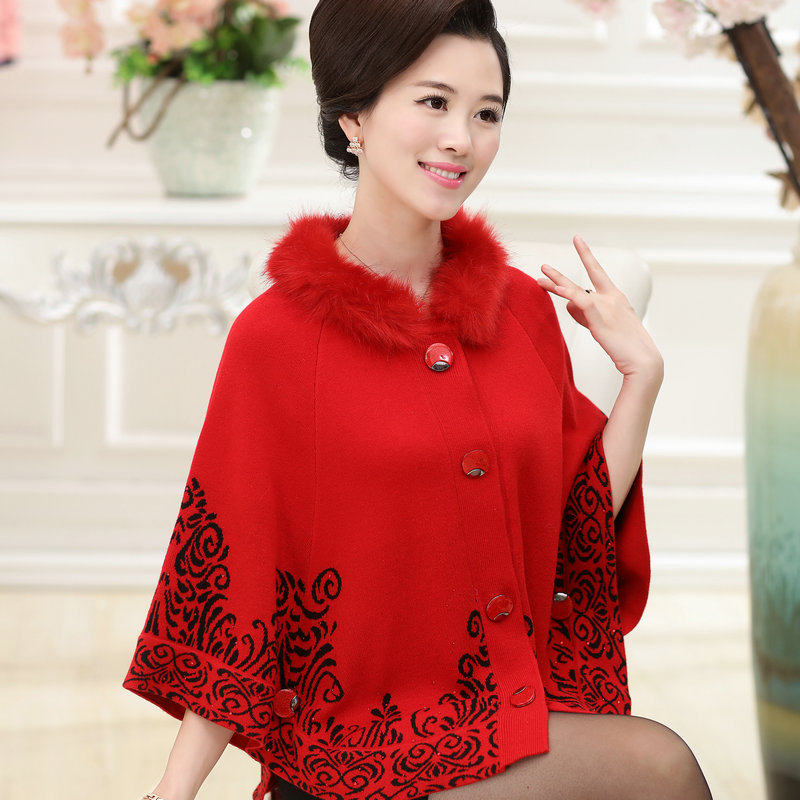 中老年女装秋冬羊绒斗篷开衫中年妈妈装羊毛披肩外套大码短款毛衣