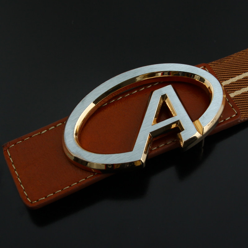 平滑扣皮带男真皮 牛皮拼接尼龙时尚韩版腰带 字母a板扣皮带 仙果