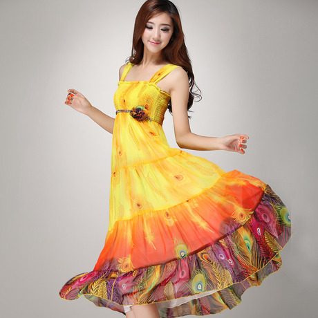 原创飘逸孔雀裙长裙 波西米亚沙滩裙女 夏吊带裙雪纺连衣裙