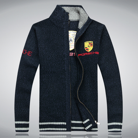 秋冬新款 保时捷男装羊毛衫 加厚立领开衫潮男毛衣外套大码针织衫