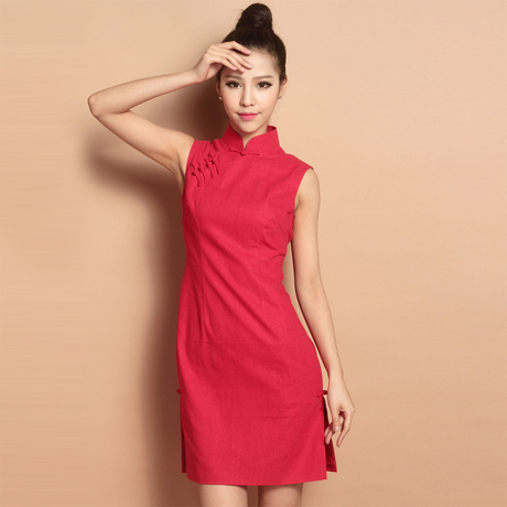 锦宴旗袍馆 春颜之红 时尚无袖大红棉麻改良旗袍 定做款 夏