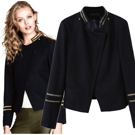 西点军校 2014秋冬新品立领斜衣襟羊毛呢大衣夹克女装金丝短外套