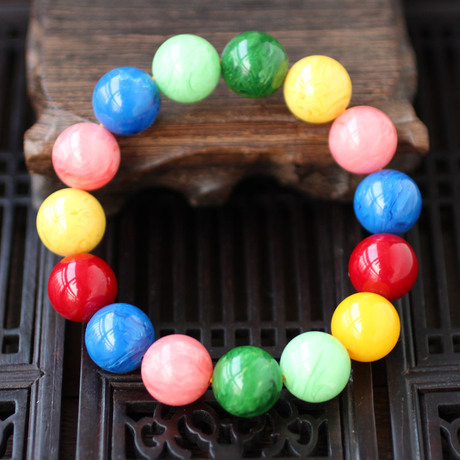 精品天然彩色琥珀老蜜蜡 佛珠手链 七彩中东琥珀蜜蜡手串 男女款