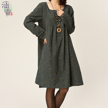 涵香2014春装新款宽松大码女装韩版文艺棉麻 长袖小碎花连衣裙女