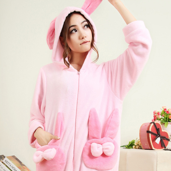 韩国可爱兔耳朵珊瑚绒长袖连体睡衣少女式秋冬季软绵绵家居服睡衣