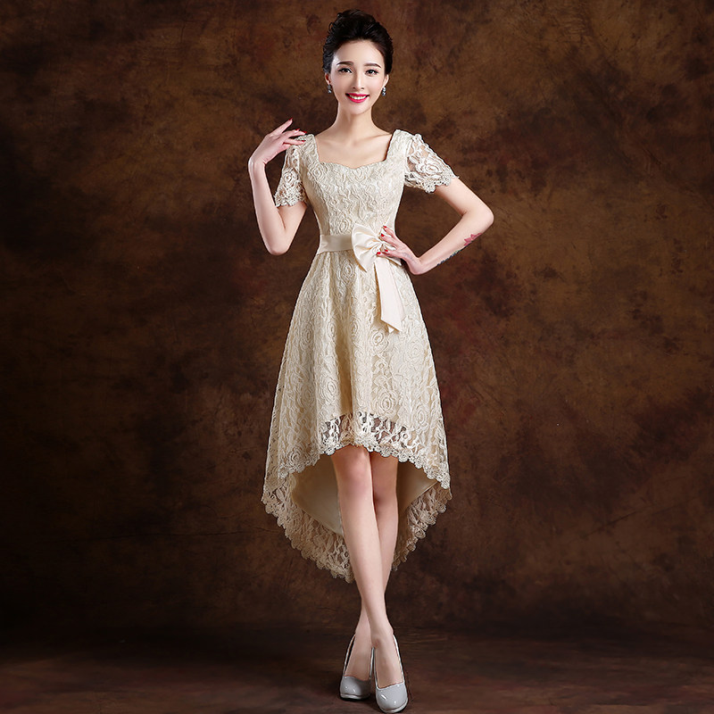 伴娘服礼服2015夏新款新娘晚礼服女士结婚敬酒服前短后长蕾丝绑带