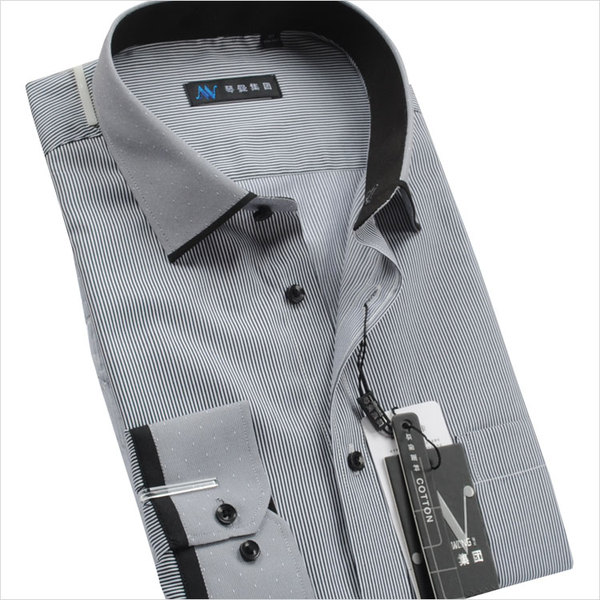 新款正品琴曼集团男式长袖衬衫 男士浅灰色条纹拼领袖衬衣m6-161