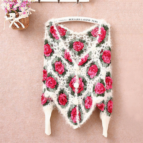 女神新衣 秋冬季女装玫瑰花朵钩花长袖镂空开衫潮女百搭毛衣外套