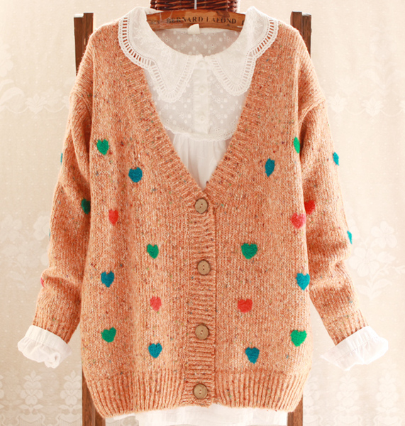 日系甜美开衫大桃心爱心刺绣v领毛衣女秋装森女针织衫开衫毛衣女
