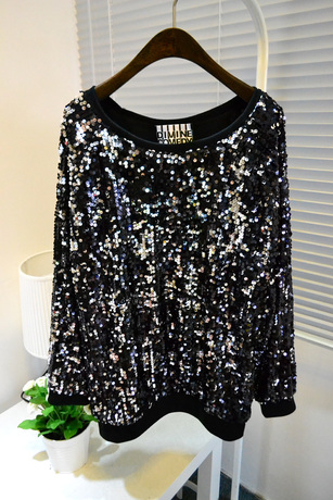 韩国东大门新款满满全身彩色闪闪亮片长袖圆领宽松t恤女2014秋装