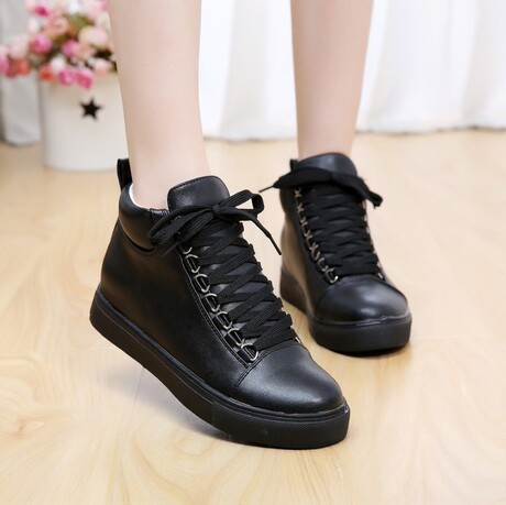 包邮秋季新款防水皮面高帮平底鞋女 圆头系带休闲平跟女鞋学生鞋