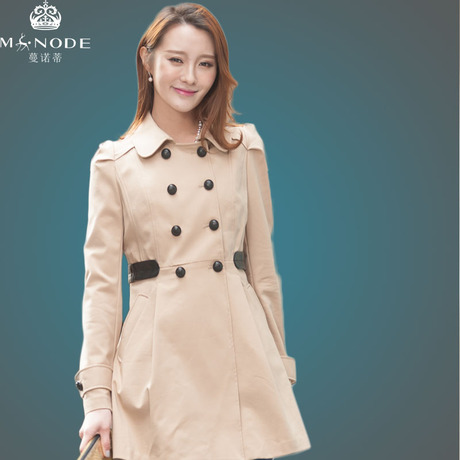 2014蔓诺蒂春秋装新款韩版双排扣女士风衣中长款学院风配丝巾外套