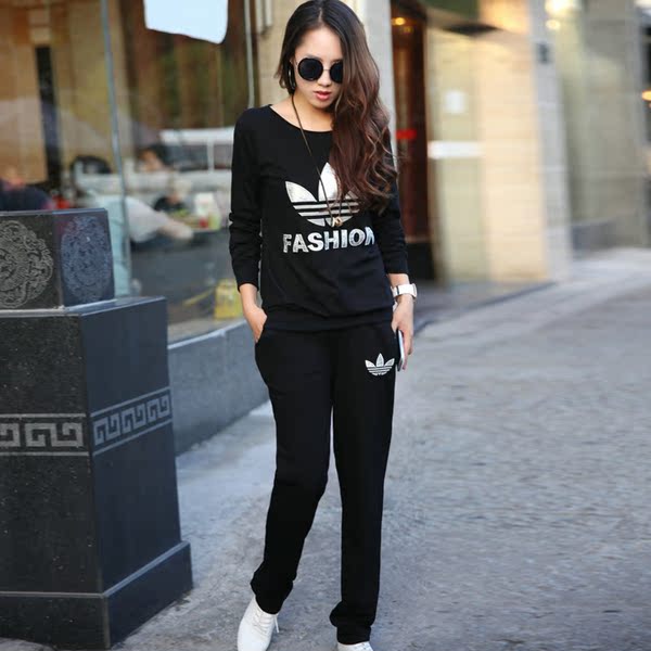 正品it代购2014春秋新款adidas三叶草女休闲套装纯棉运动服两件套