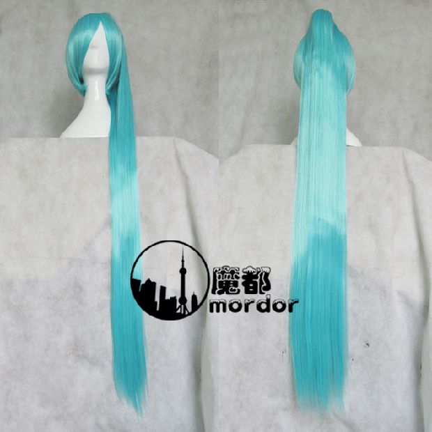 Cosplay tóc giả 1 mét cộng với mái tóc dài màu xanh nước 120CM chẻ đuôi ngựa Hatsune miku tóc dài thẳng tóc giả - Cosplay đồ cosplay vô diện