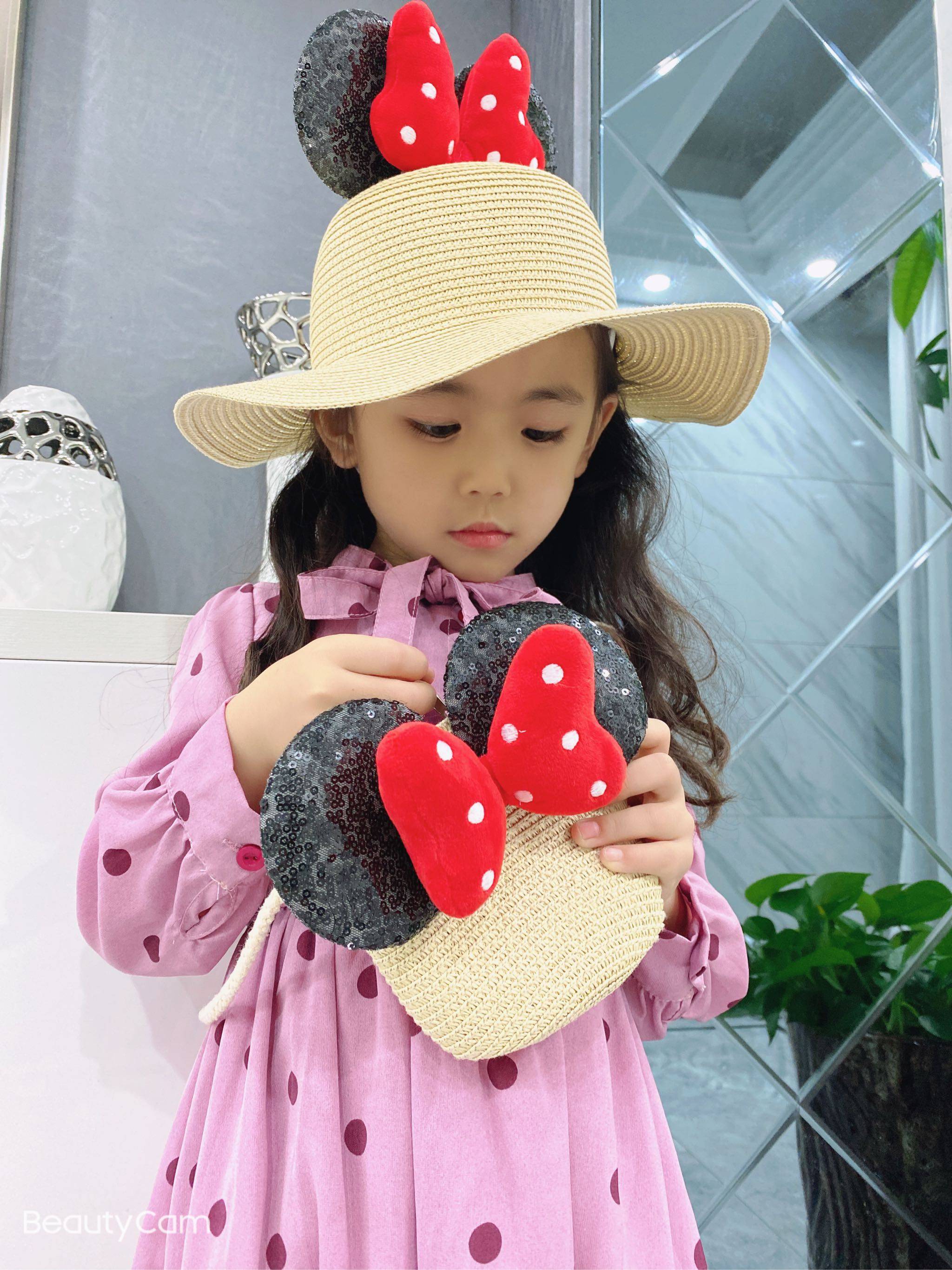 儿童草帽2-7岁女童夏天防晒遮阳盆帽甜美可爱蝴蝶结大沿渔夫帽子