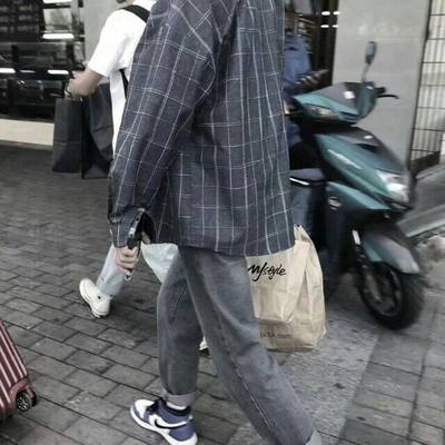 日系潮牌青少年学生长袖港风ins潮流原宿韩版男士休闲格子衬衫男