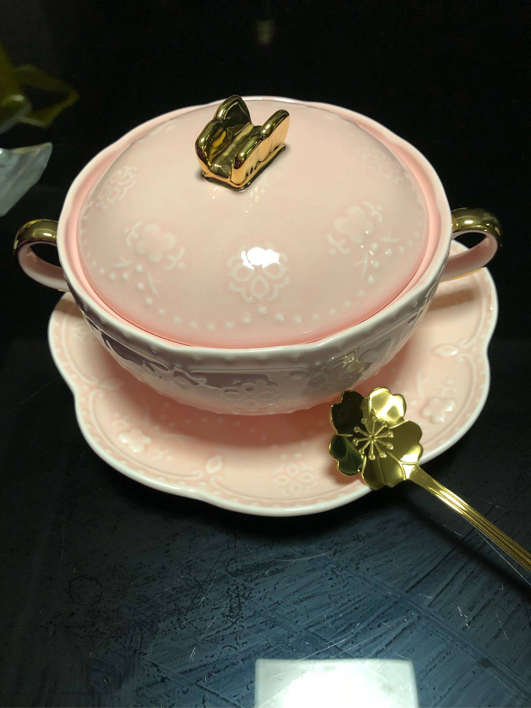 燕窝碗甜品碗 欧式 宫廷 复古金边双耳碗陶瓷带盖炖盅银耳碗汤碗